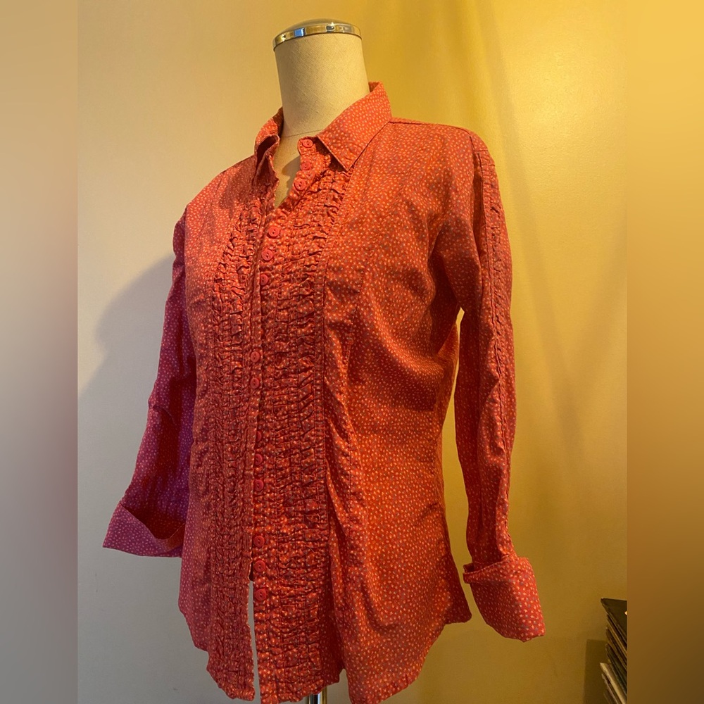 💕 Pink Button-Up Blouse ruffle front 3/4 sleeves 💕